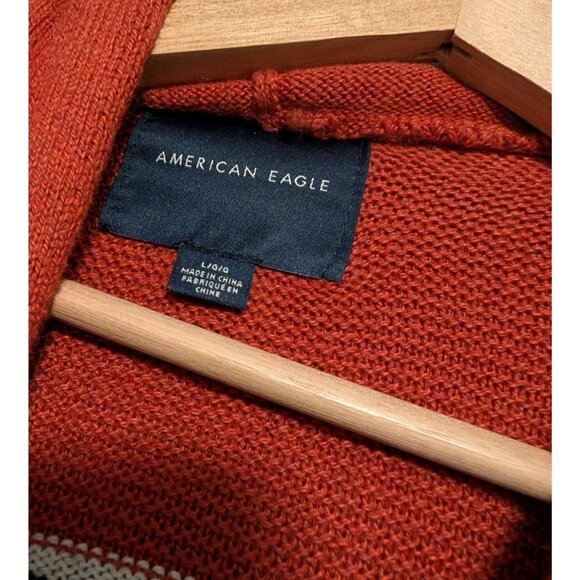American Eagle Mens Large Rust Orange Aztec Knit Hoodie Sweater Blue White *FLAW - Picture 6 of 7